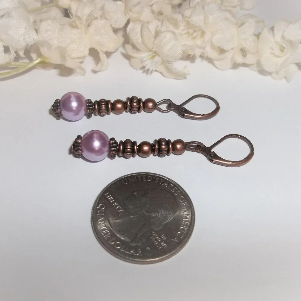Copper and Purple Beaded Pearl Earrings Set Dangle and Drop Boho Style Pair 6930_5
